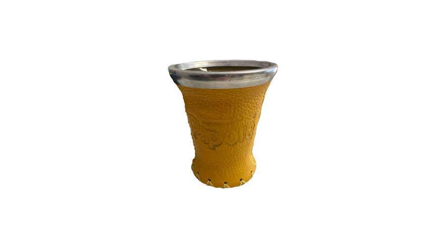 Matero Pipore - üveg mate kehely bőr borítással , Pipore logóval - sárga